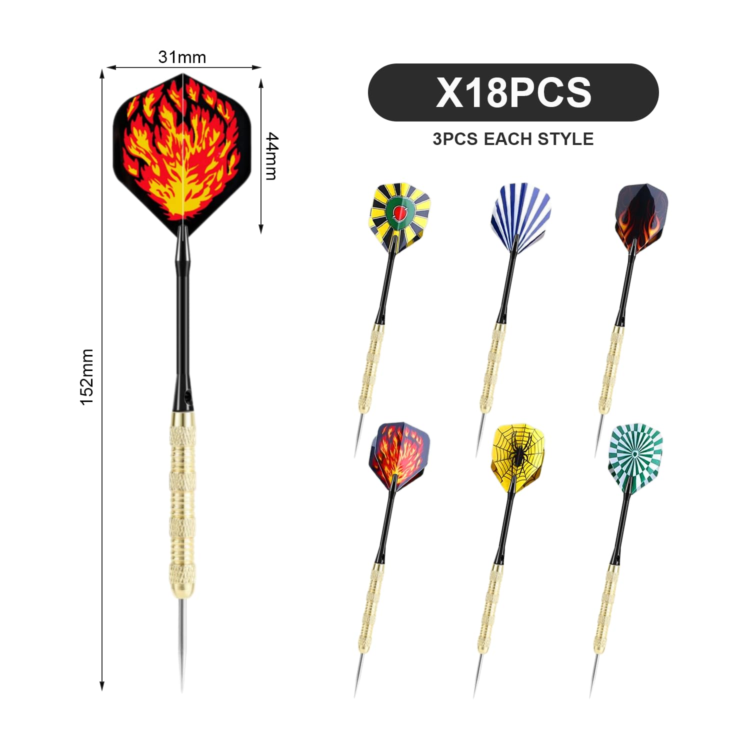 Fléchettes cuivrées avec pointe en acier, tige métal, cible métal, multicolores, lot de 18