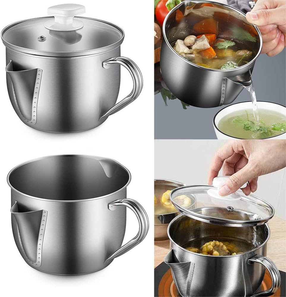 Kitchen Gravy Oil Soup Fat Separator Bowl Multi-Use 304 Stainless Steel Grease Oiler Filter Strainer Cooking Pot Gadgets(With cover)