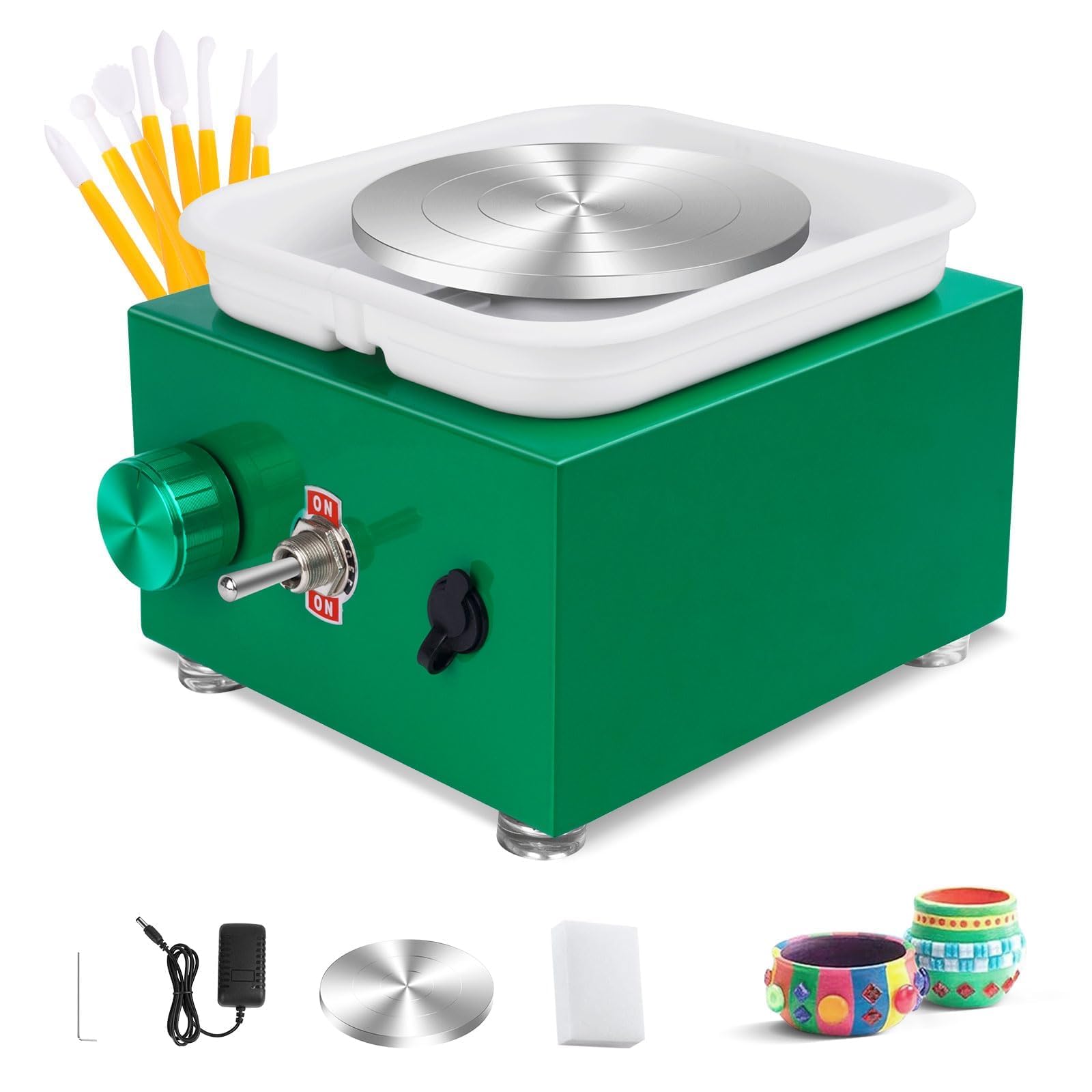 Pottery Wheel, Electric Mini Pottery Wheel with Detachable ABS Basin, 10cm 6.5cm Turntable Ceramic Clay Tool Kit, 2000RPM Adjustable Speed, Ideal for Art Craft Gift (Green)