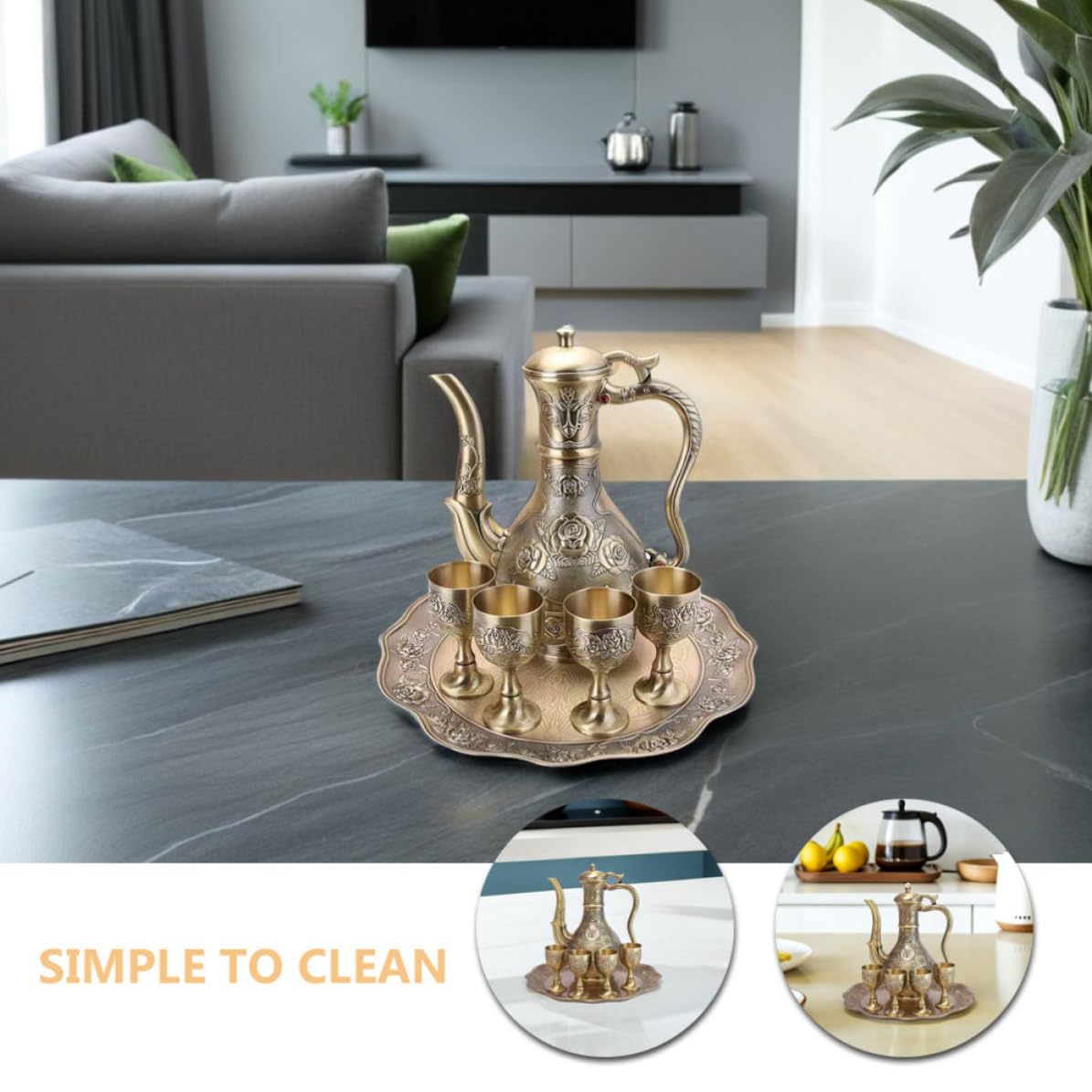 KICHOUSE Set da Liquori in Lega di Zinco con Design Vintage Elegante Oro, Include Caraffa, Bicchieri e Vassoio, Facile Manutenzione e Resistente allo Sbiadimento, per Feste e Matrimoni