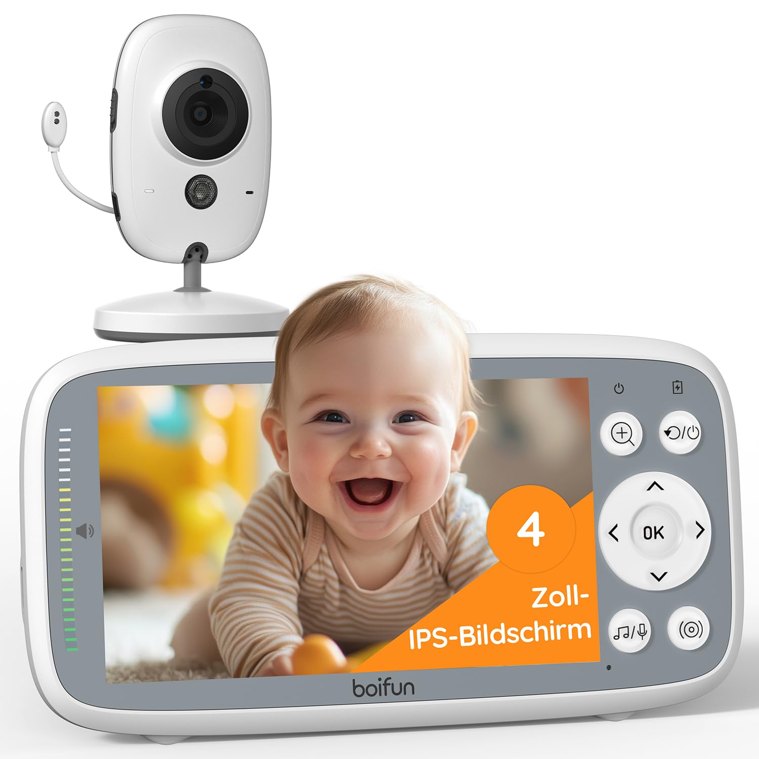 BOIFUN Babyphone mit Kamera, 4 Zoll 720P Monitor, Ohne WLAN, Nachtsicht, 10 Stunden Akkulaufzeit, 2 Wege Audio, Schallerkennung, Temperaturerkennung, 3X Zoom, Schlaflieder Weiß Babyphone mit 1 Kamera