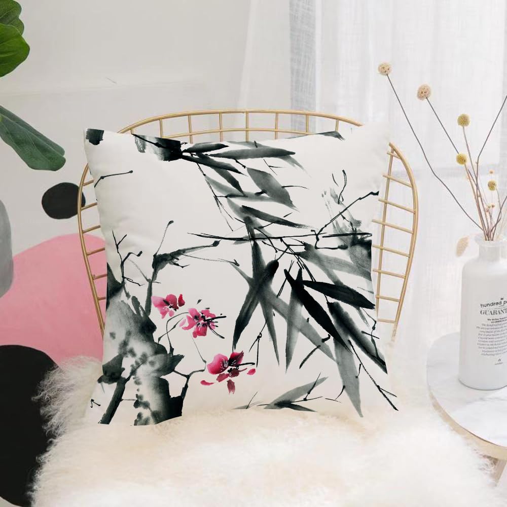 Hyosxw Ink Painting, Bamboo Branches Reflecting Red - A9 Cushion Cover,Throw Pillow Case Home Decorative For Living Room Bedroom Sofa Chair 18X18 Inch,Ink Painting, Bamboo Branches Reflecting Red Flowers, Bamboo Plums, Black And W,Pillowcase 45X45cm
