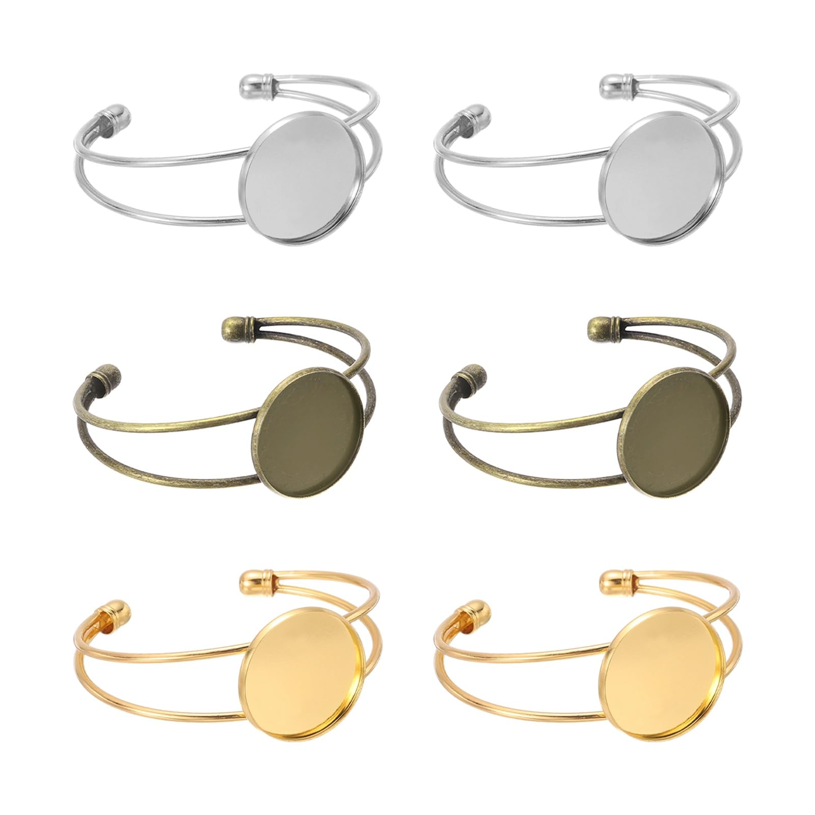 sourcing map 6 Pcs Bezel Tray Blank Bracelet Setting, 25mm Adjustable Round Tray Setting Blank Bangle for DIY Jewelry Making Crafting Bracelets, White/Gold/Bronze