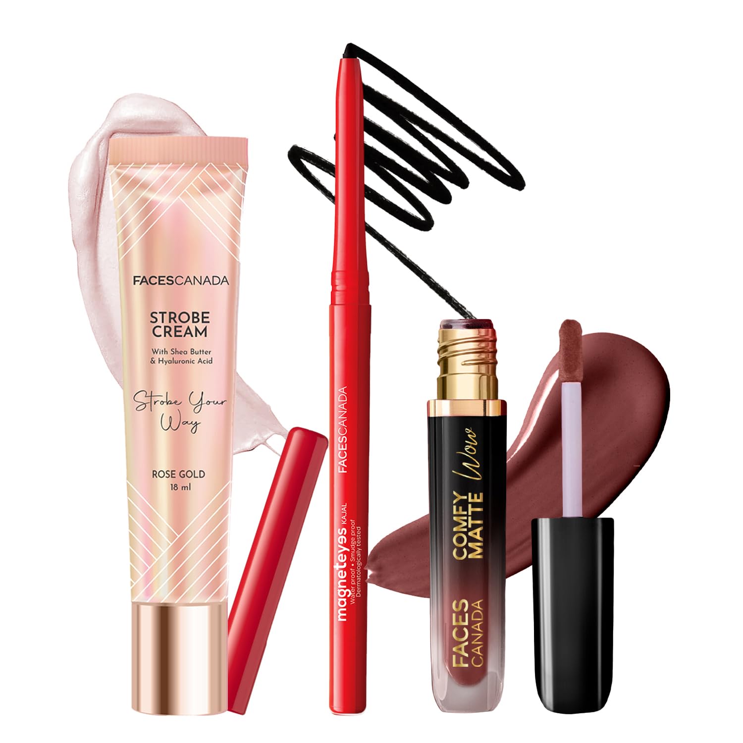 FACES CANADA Super Easy Glam Combo - Strobe Cream - Rose Gold (18 ml) + Magneteyes Kajal - Black (0.35 gm) + Comfy Matte Wow Liquid Lipstick - Cocoa Crush 07 (3.8 ml) | Illuminating & Glowing Makeup Base | Highly Pigmented-image-30