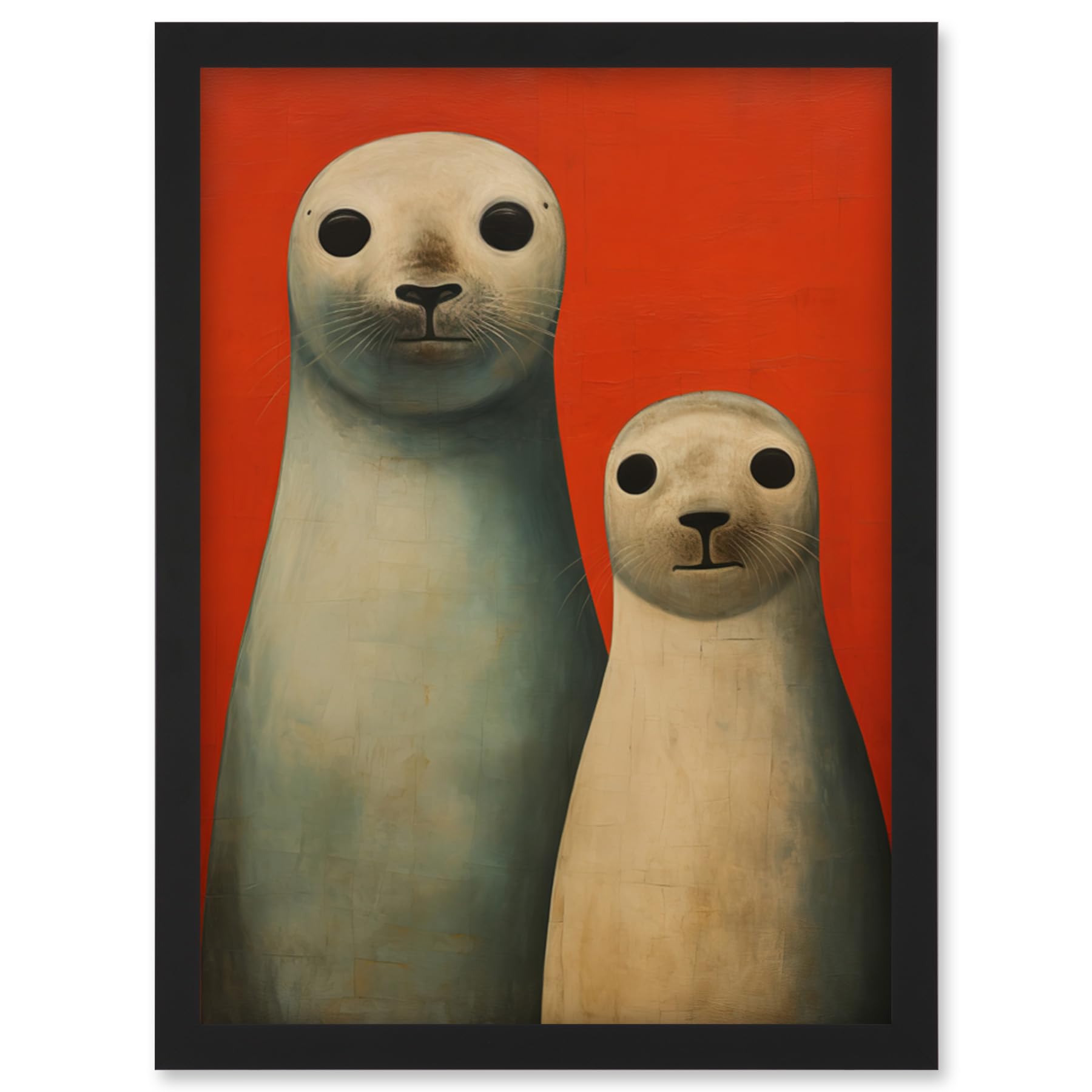 Artery8 Seal Pups Portrait White Cream On Red Crimson Coral Detailed Oil Painting Artwork Framed Wall Art Print A4