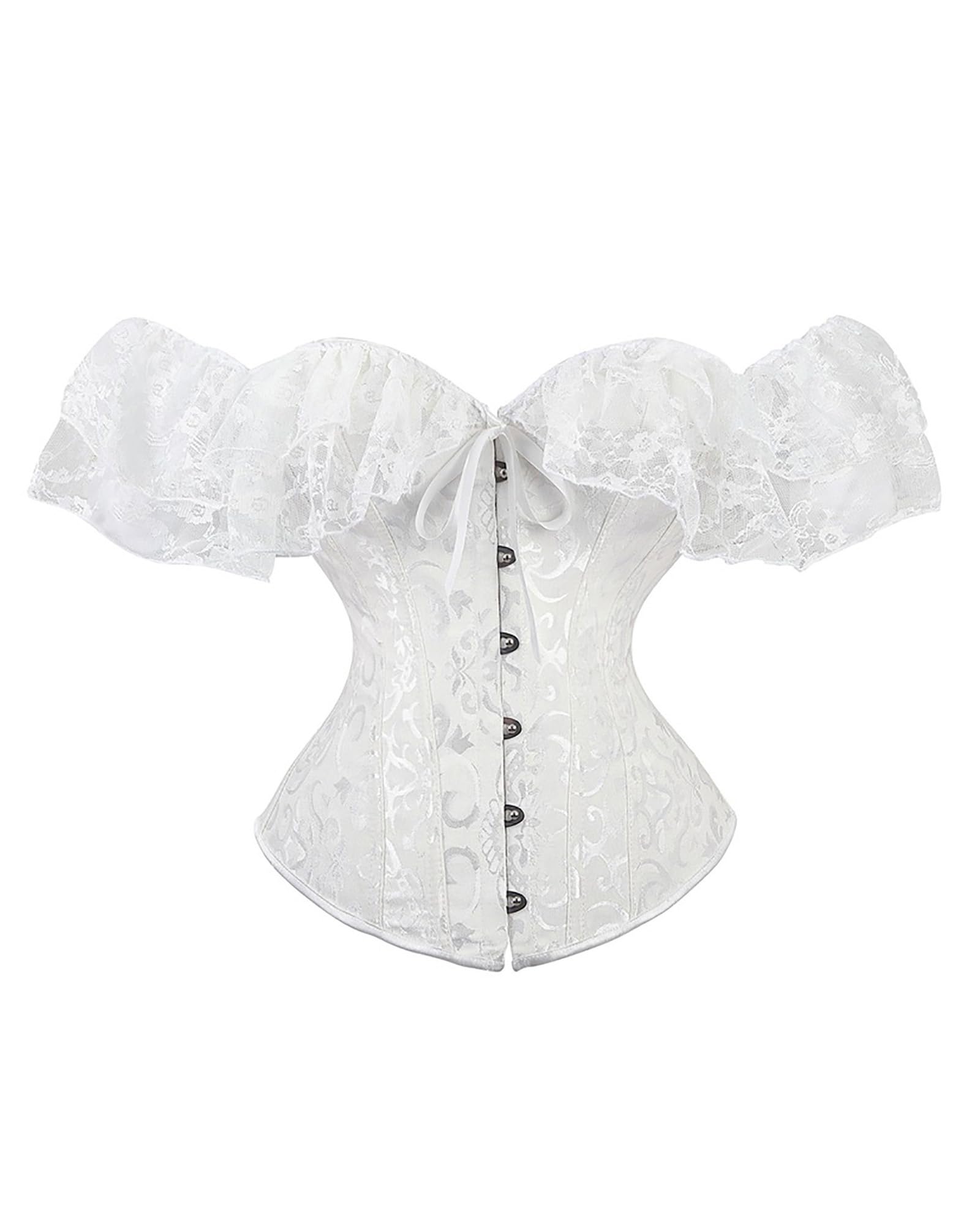 Acrawnni Women's Floral Lace Corset Off Shoulder Bustier Waist Shaping Slim Fishbone Overbust Corset Lace Up Bodyshaper Lingerie Top (B-White, S)