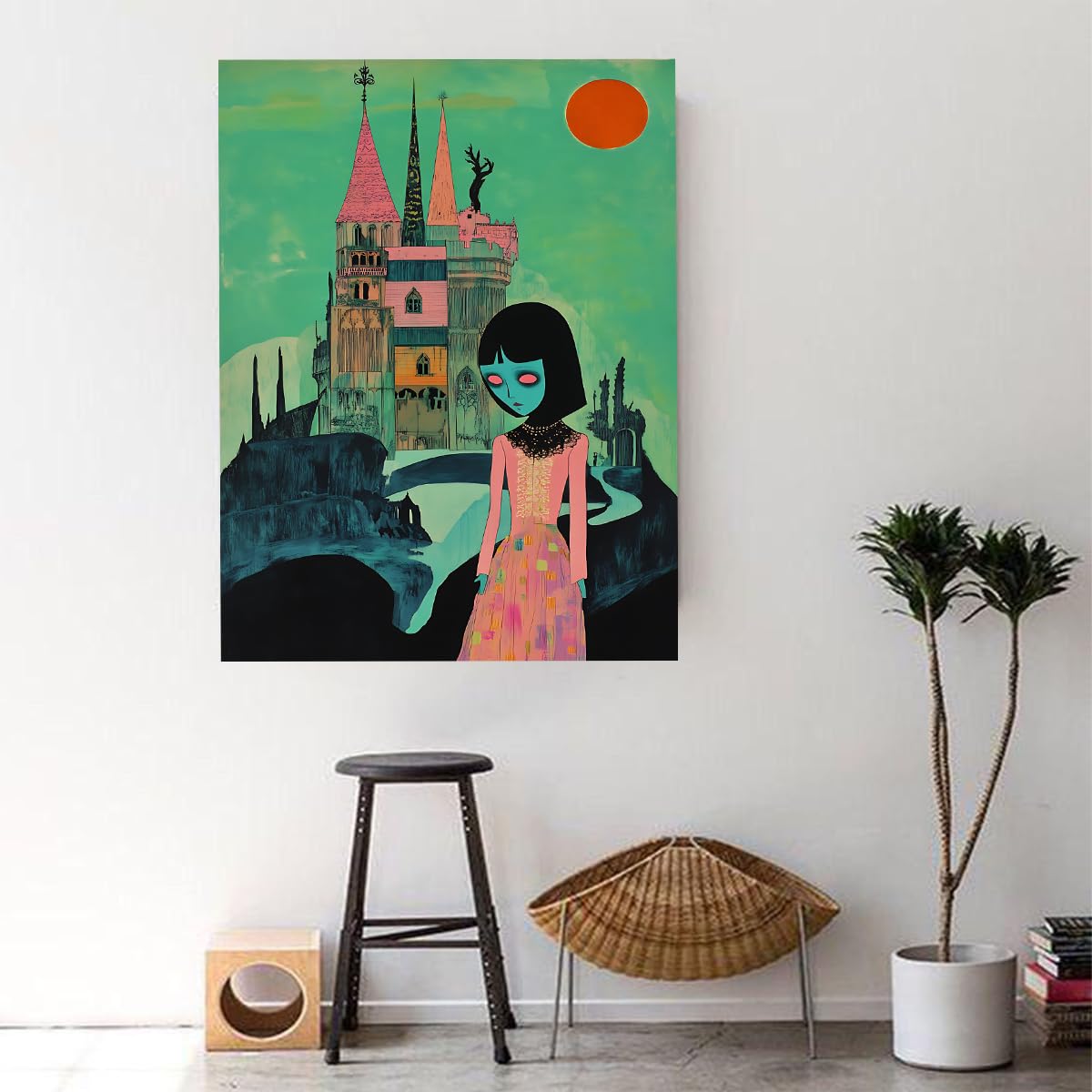 CHERHERART Surrealistyczna róża zielona sztuka ścienna zamek gotycki obraz na płótnie ciemne i fantazyjne wydruki sypialnia przedszkole dom 45 x 70 cm struktura wnętrza