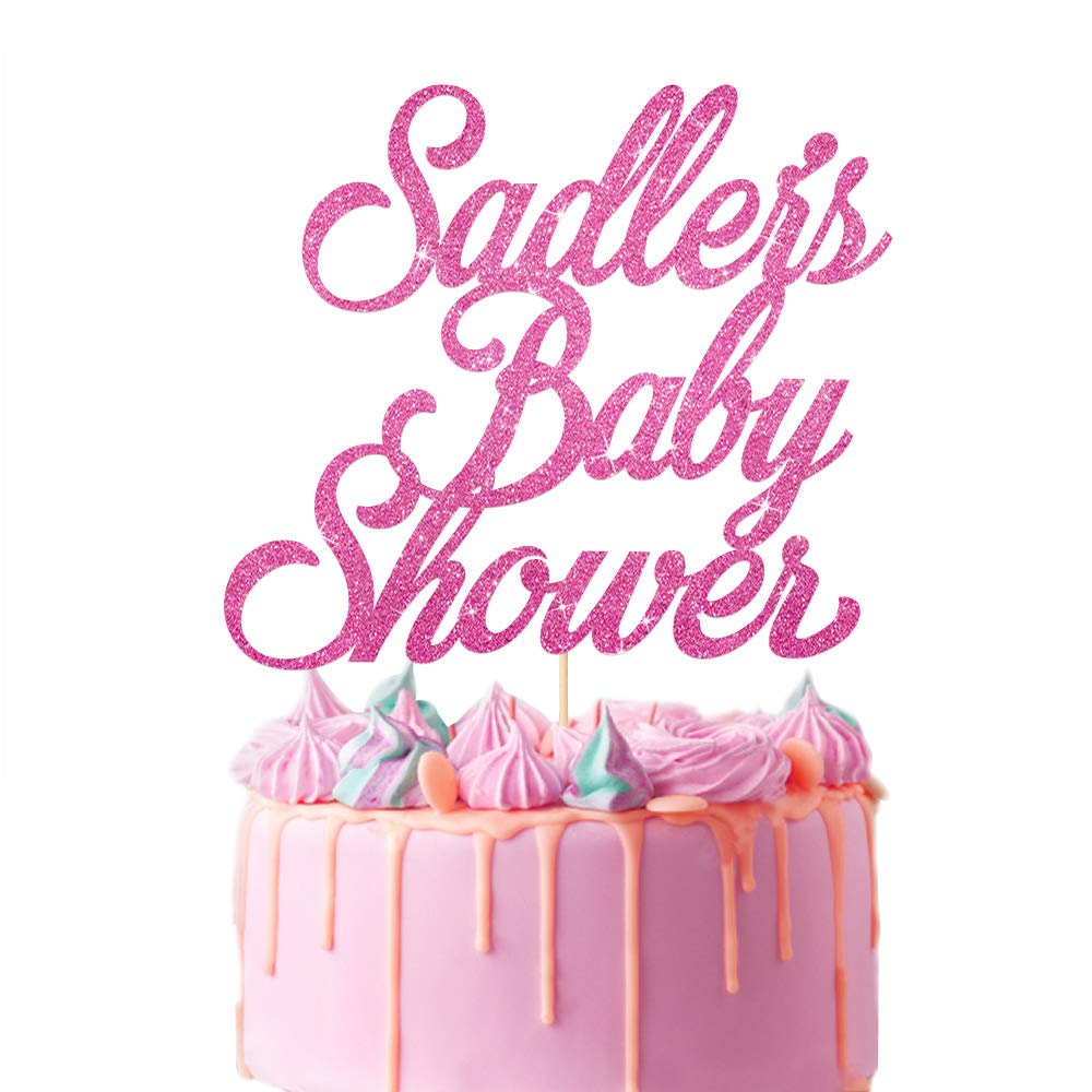 EDSG Personalised Cake Topper for Baby Shower | Cake Decoration Double Sided Glitter Card Text Customized Any Name | Multicolour Party Decoration Hand Finished in UK(Pink)