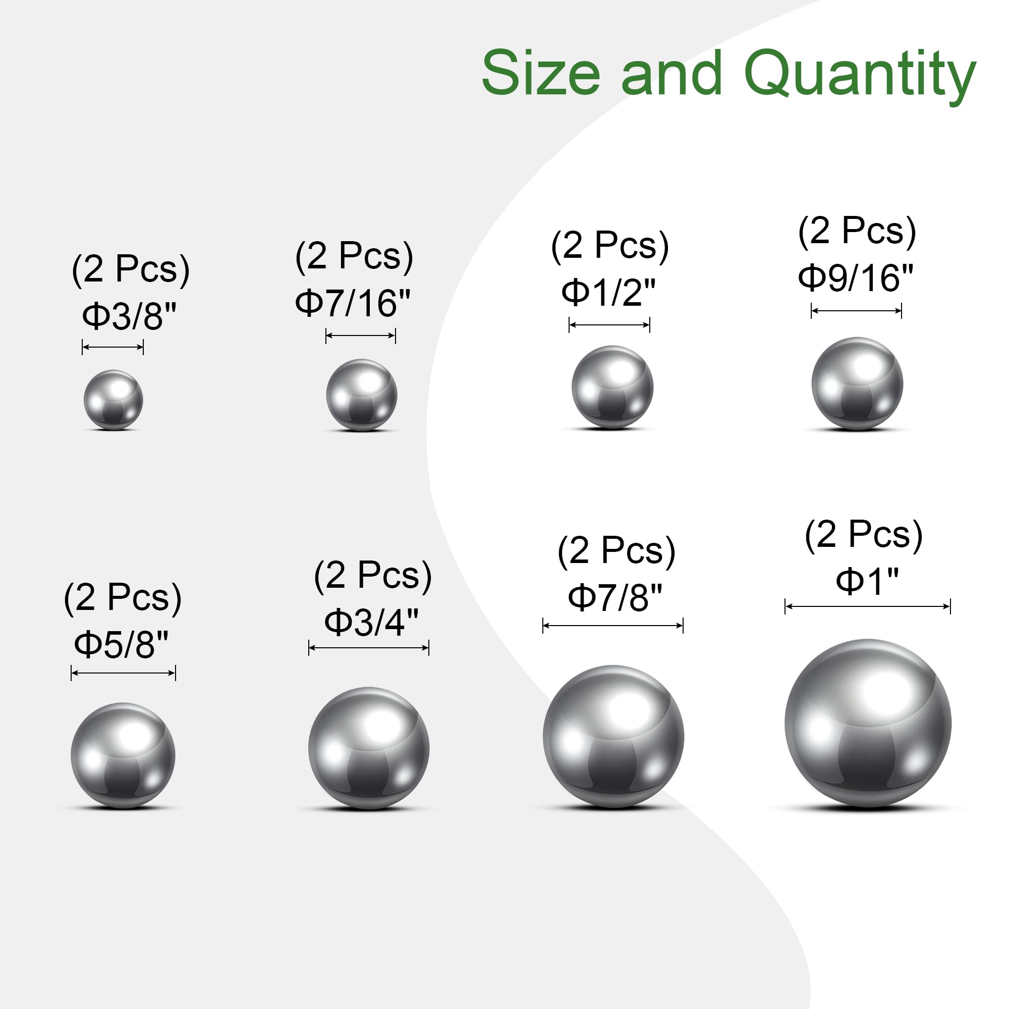 Assortiment de 16 billes de roulement de 8 tailles en acier inoxydable 304 3/8" 7/16" 1/2" 9/16" 5/8" 3/4" 7/8" 2,5 cm avec boîte de rangement