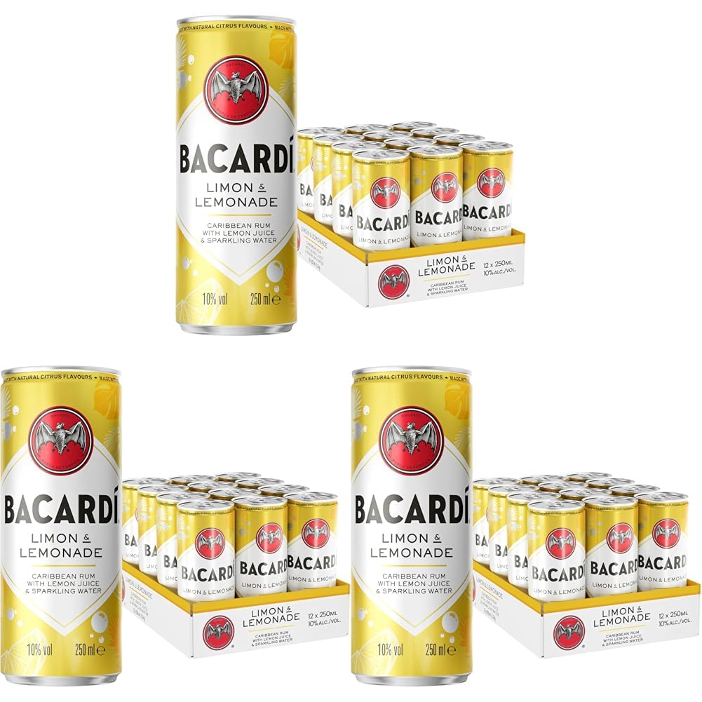 BACARDÍ Limón & Lemonade, Ready-To-Drink Cocktail in der Dose, trinkfertig mit BACARDÍ Limon Rum, Zitrone, Limette, Grapefruit und Limonade 10% Vol., 12 x 250 ml (Packung mit 3)
