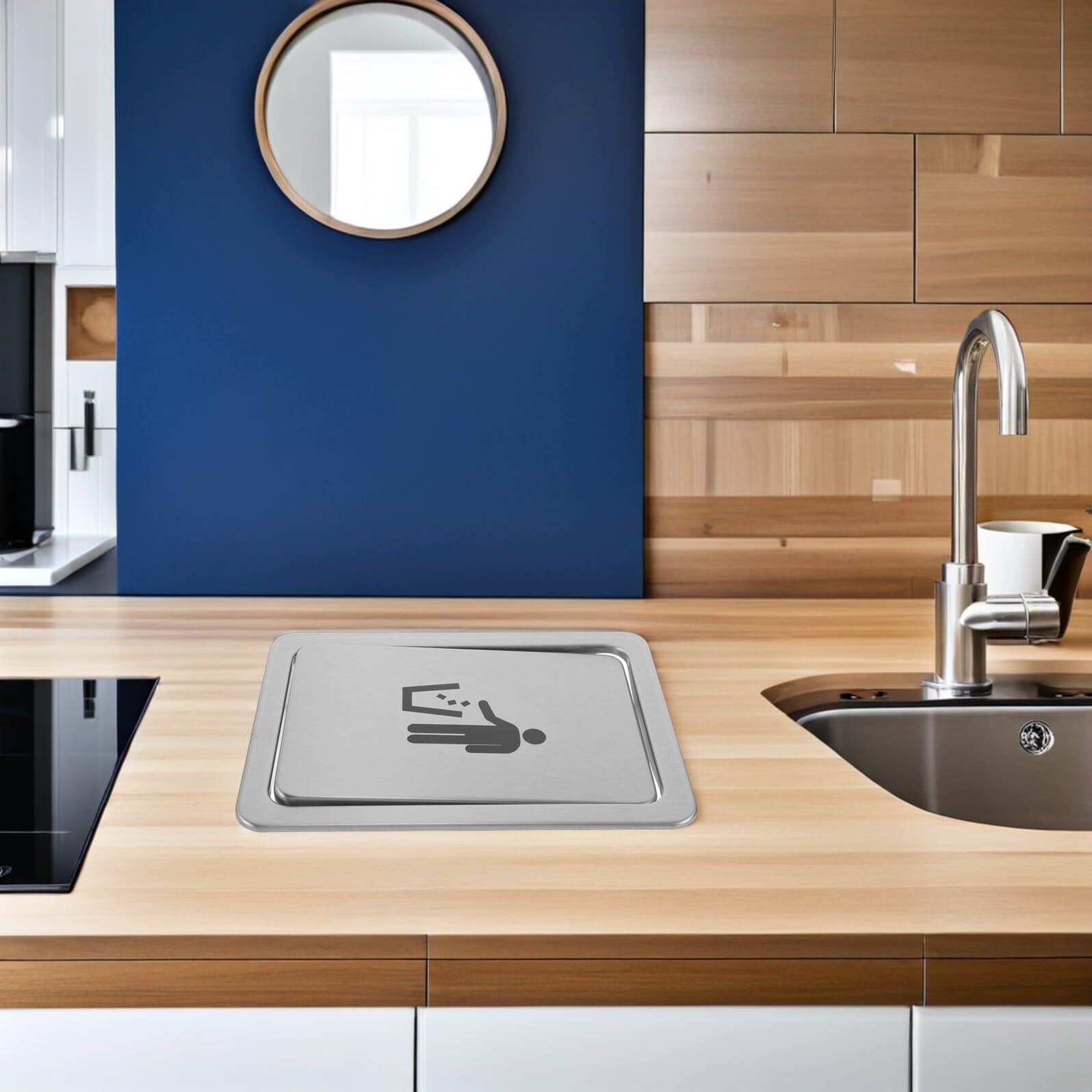 BETOOKY Coperchio Bidone Spazzatura Incassato in Acciaio Inox con Sportello Girevole e Logo Identificativo, Copertura per Rifiuti da Incasso su Piano di Lavoro, per Cucina e Bagno,