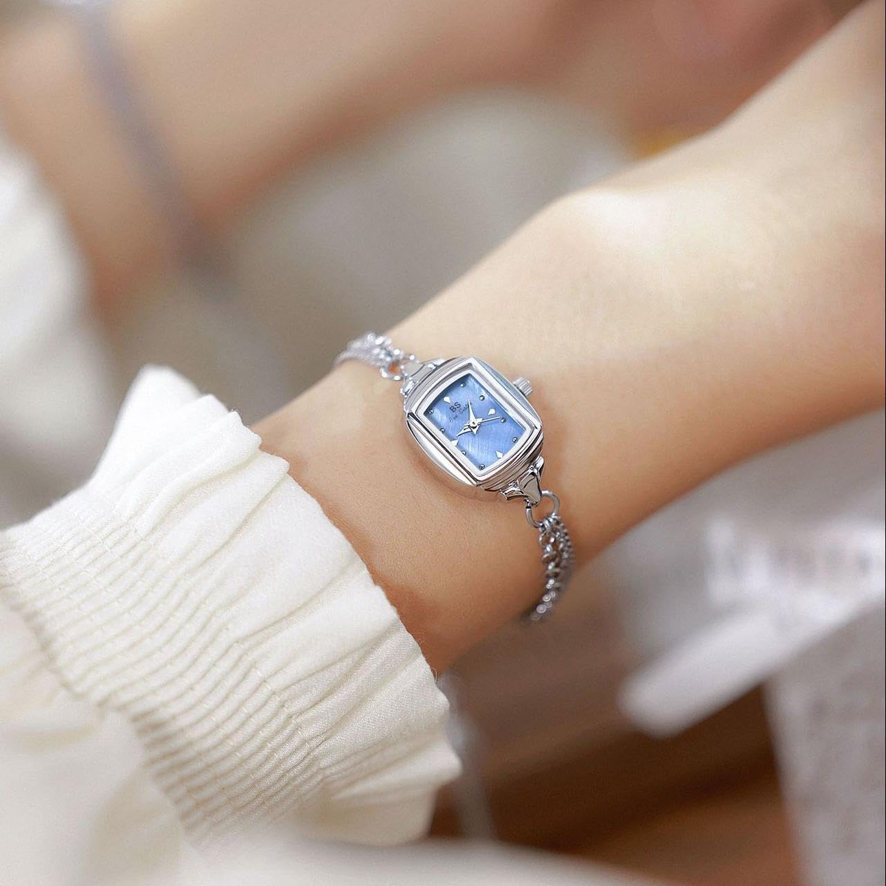 Womens Dainty Silver Gold Silver Rectangle Pearl Dial Tassel Chain Ultra Thin Waterproof Quartz Watch Ladies Dress Casual Elegant Analog Wristwatch Bracelet - Image 5