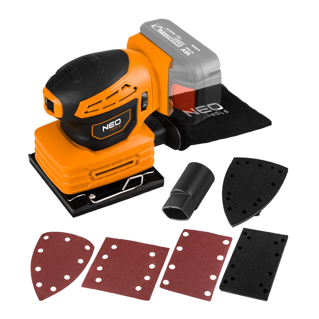 NEO TOOLS Smerigliatrice multiuso 3 in 1, batteria professionale, sistema 18 V, senza batteria, levigatrice orbitale, contenitore per polvere, base quadrata, piede rettangolare, piede delta, 3 pezzi