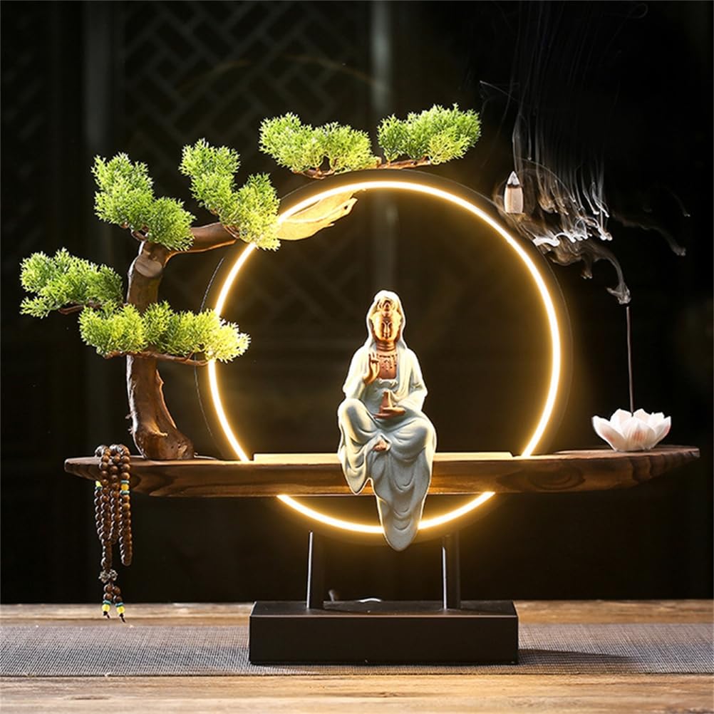 Buddha-Statue mit dekorativem Bonsai-Baum und LED-Kreislampe, Keramikfigur für Innenbereich, Heimbüro, spirituelles Kunststück für Meditation und Entspannung