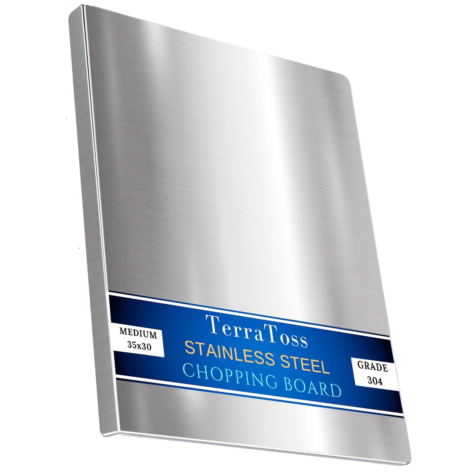 TerraToss Stainless Steel Chopping Board [35 x 30 cm] | Heavy-Duty 304 Grade Vegetable Cutting Board | Countertop Rust Proof with Lip | Round Edge (Stainless Steel, Medium)