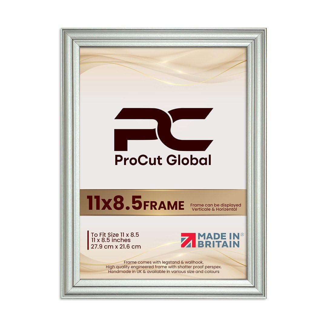 Procut Global 11X8.5 Silver Picture Frames - Classic Wooden Photo Frame with Shatterproof Perspex for Wall or Tabletop - Perfect for Posters, Certificates & Prints - Sizes & Colors Available