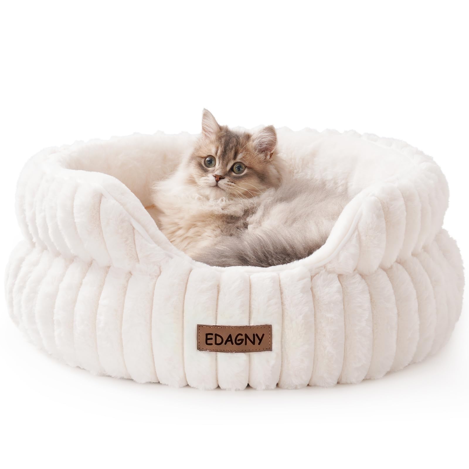 EDAGNY Cat Beds for Indoor Cats, Cat Bed Washable Kitten Bed Donut, Anti-anxiety Fluffy Calming Pet Bed for Puppy and Cat Sofa with Non-Slip Bottom (white, 51cm x 51cm x 20cm)