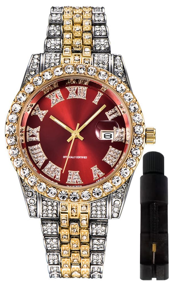 Hip Hop Watches Mens Iced Out Bling Diamond Luxury Quartz Watch with Date, 40mm Red, Fashion, 40mm Red, Fashion