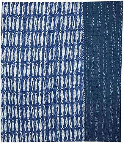 MAVISS HOMES Indian Hand Block Print Kantha Quilt Queen Size Quilt Kantha Bedspread White Quilt Cotton Kantha Throw Bedding (Blue 2 - Image 5