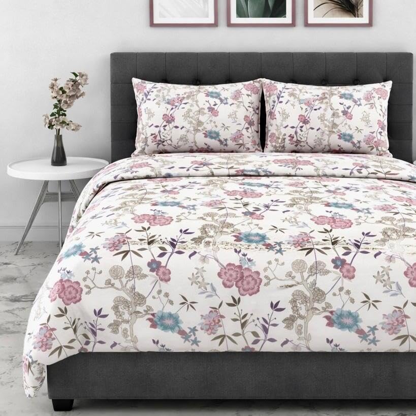 Image of DECOR2ADMIRE Premium Cotton Bedsheet Double King Size 90x100 Inches, 300 TC Soft Breathable Printed Bed Sheet with 2 Pillow Covers (White Blush Floral, Double 90 inch x 100 inch)