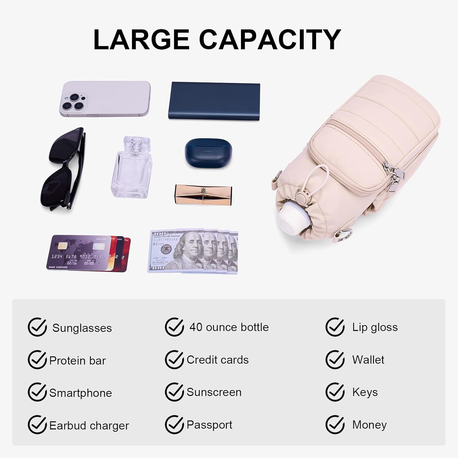 Water Bottle Bag 40 oz Crossbody Bag Insulated Carrier Purse Holder for Walking Hiking with Adjustable Strap