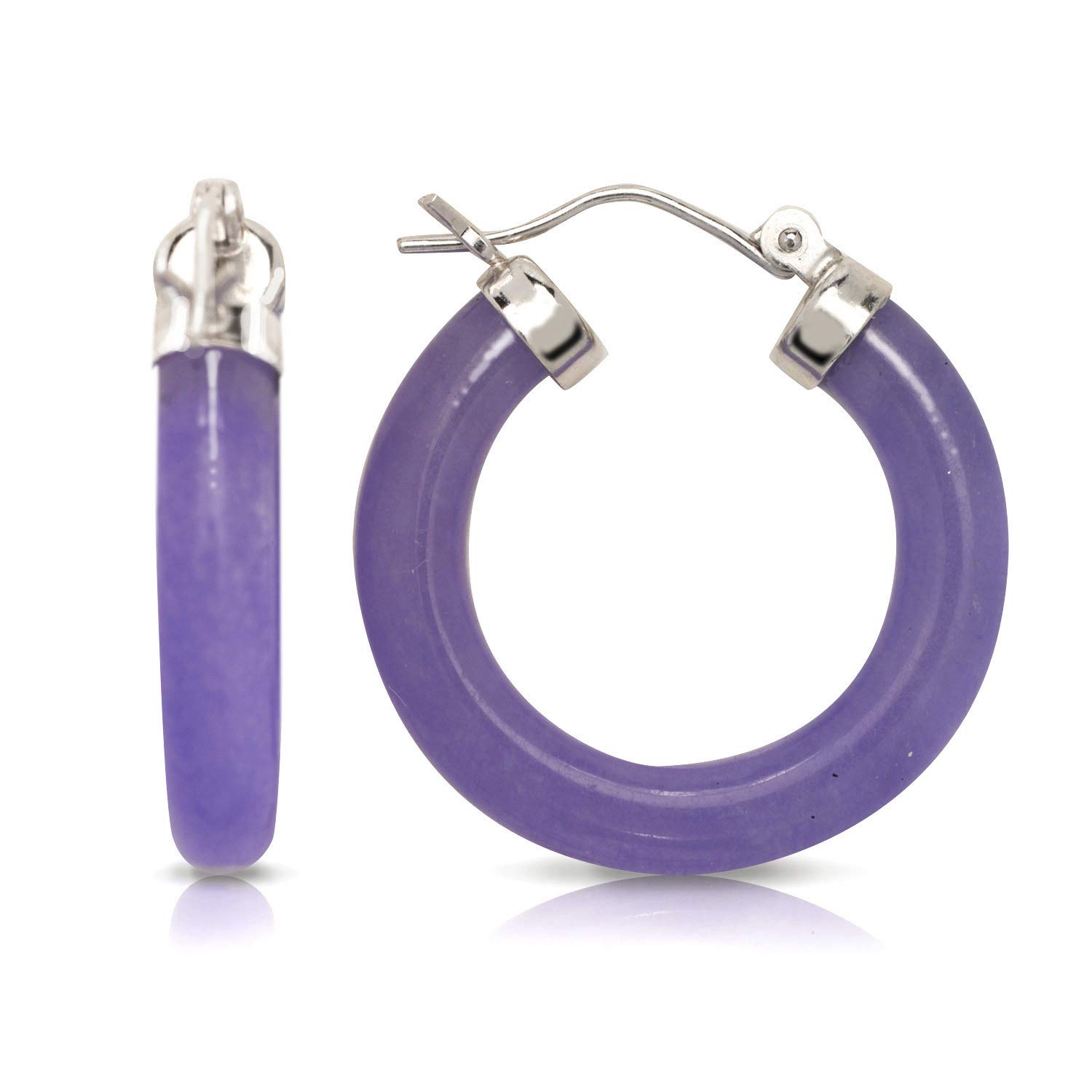 Jewelryweb - Sterling Silver Onyx, Lavender Jade or Green Jade Tube Hoop Earrings for Women – 4mm x 26mm Gemstone Hoops – Black, Purple or Green Statement Earrings –...