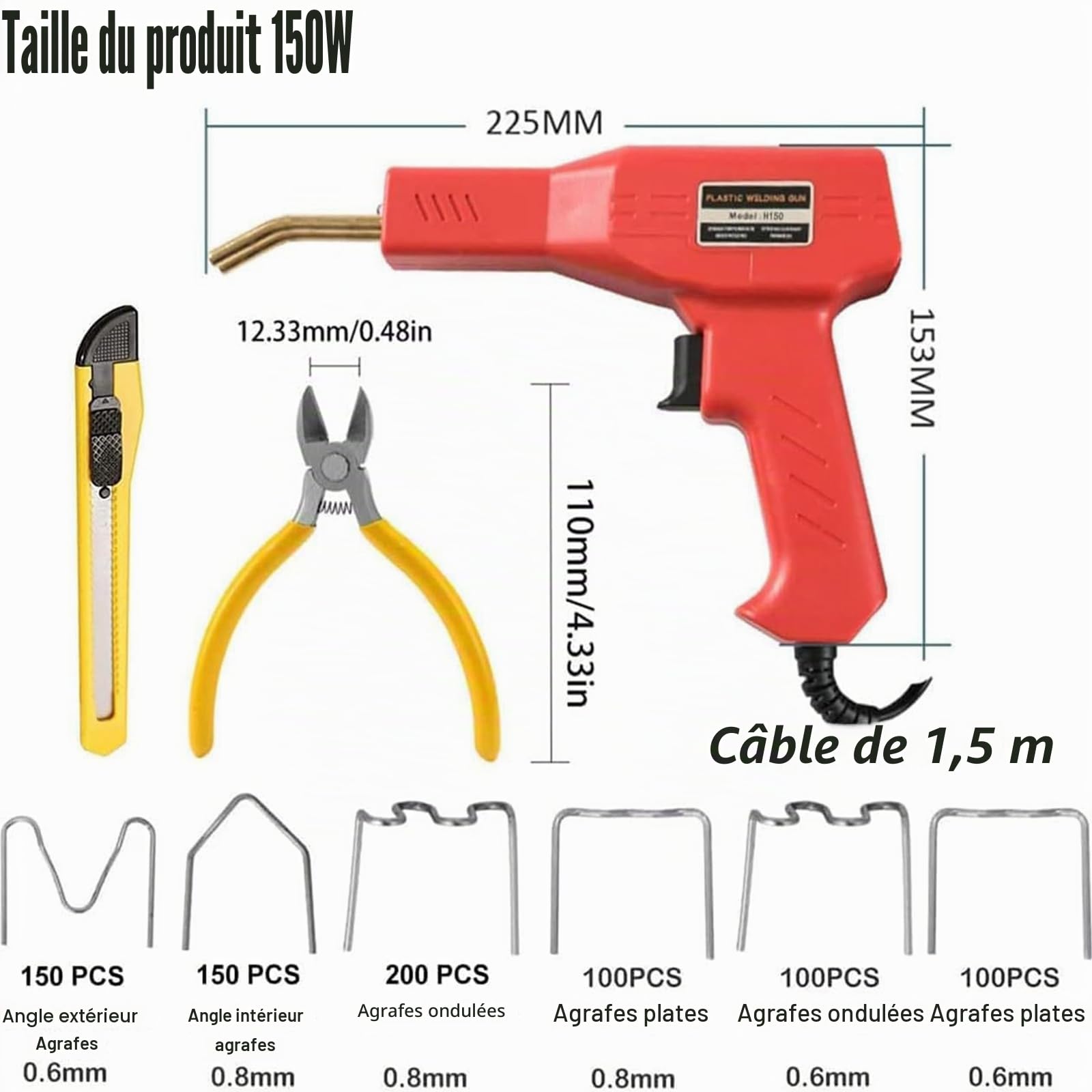 150W Kit de réparation de pare-chocs de machine de soudure en plastique, Kit de réparation de soudure en plastique pour kayak/canoa, Kit de réparation de pare-chocs en plastique plat
