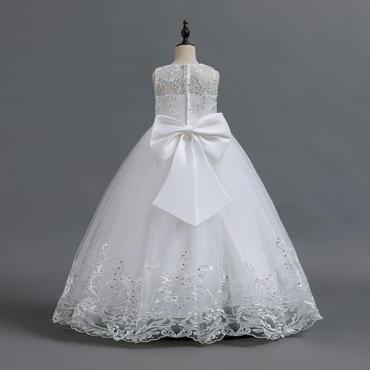Flower Girl Lace Dress for Kids Wedding Bridesmaid Pageant Party Formal Long Gown Princess Communion Tulle Bow Dresses
