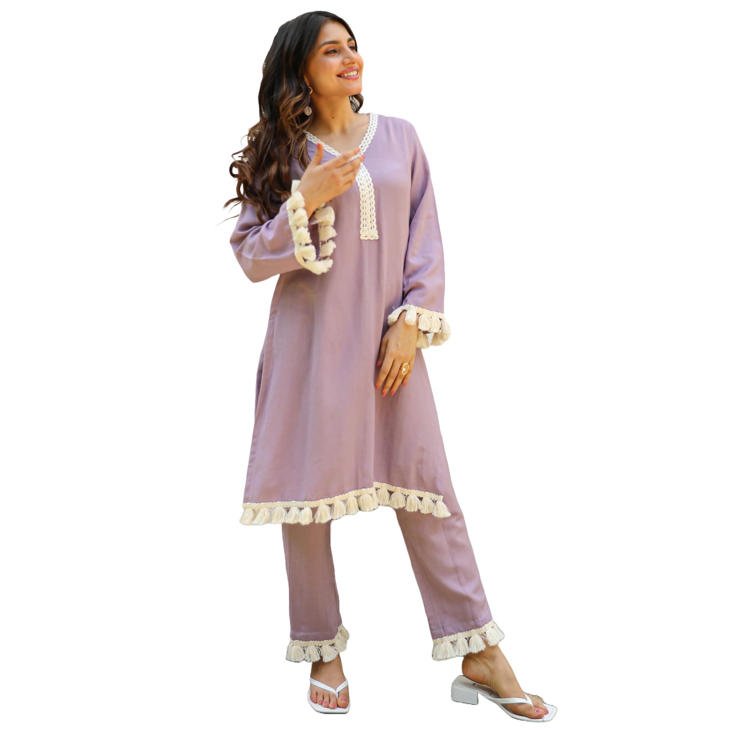 GoSriKi Women's Rayon Viscose Straight Yoke Design Lace Kurta with Pant