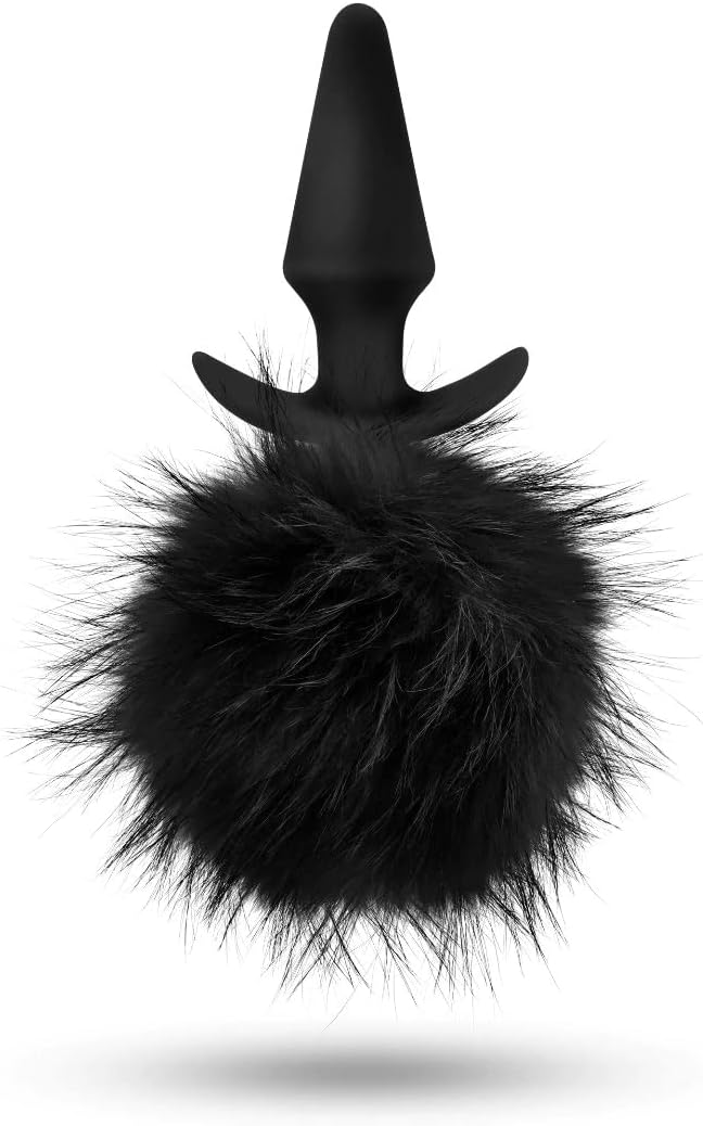 Blush Novelties Temptasia Pom Pom Plug - Puria Silicone Bunny Tail Butt Plug - Tapered for Comfort - Wearable AnchorTech Design - Faux Fur Anal Plug Sex Toy for Women - Black