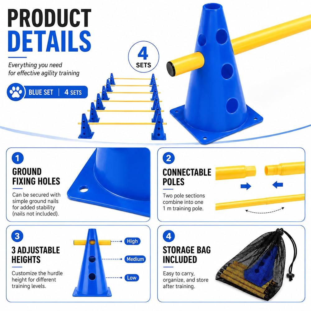 Steckhürdenset, Agility Set Hunde mit 8 Kegel(23cm) + 4 Stangen(1 m), Cavaletti Hund für Koordinationstraining, Pylonen Hundetraining, Einstellbare Trainingshürden für Hunde Teamsport Fussball