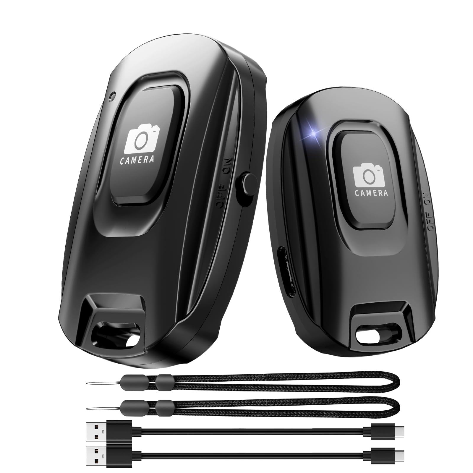 Mairan Paquete de 2 disparadores remotos inalámbricos recargables para iPhone y teléfonos inteligentes Android, control remoto Bluetooth, botón selfie para fotos y videos, cable de carga y correa de