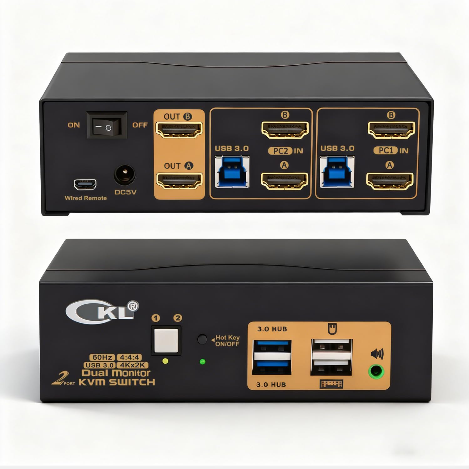 KVM Switch Dual Monitor HDMI 4K@60Hz (2 Monitors 2 Computers 922HUA-3) for Home and Office to Console Desktops/Laptops, Support USB 3.0, Hot Key, Audio, Wireless Keyboard and Mouse