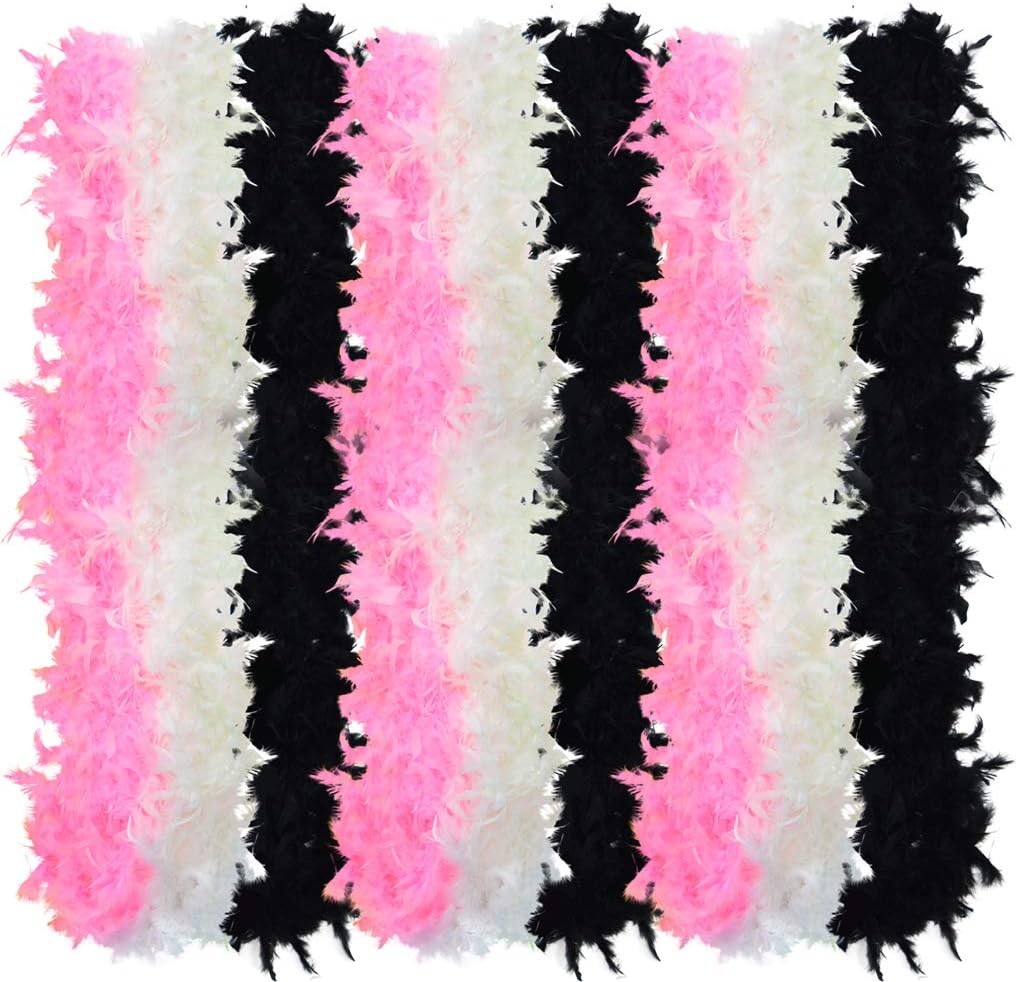 obmwang9 pcs Feather Boas, Mardi Gras Boa Party Accessory, Black, White, Pink
