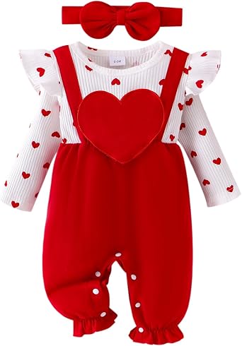 FOCUTEBB Valentines Baby Girl Outfits Love Heart Romper Long Sleeve Ruffled Valentines Bodysuit Jumpsuit Headband 0-18 Months
