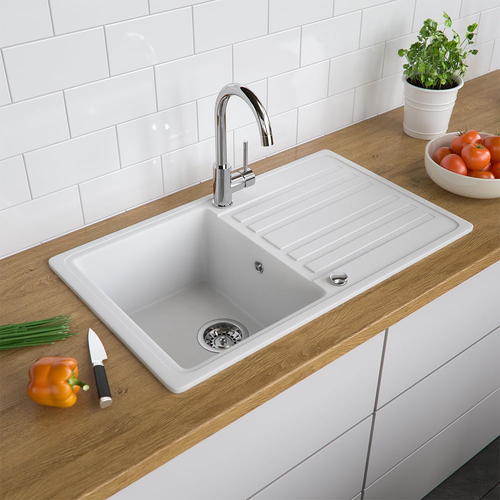Bergström Fregadero, Blanco, 76.5 x 46 cm | con tendedero, instalable en ambos lados para un montaje flexible en la cocina