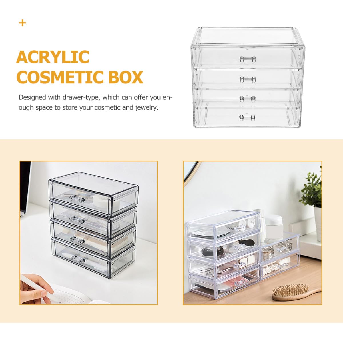 Acrílica Caja de Cosméticos Cuatro Cajones de Mesa Grande Transparente