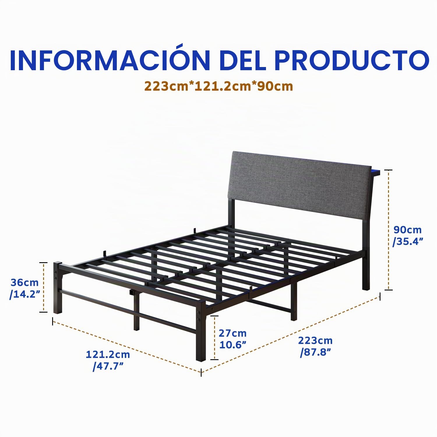 Cama de 120 x 200 cm con somier de láminas de metal, estructura de cama de 120 x 200 cm con cabecero y espacio de almacenamiento, cama de metal de 120 x 200 cm, cama doble sin somier, marco de