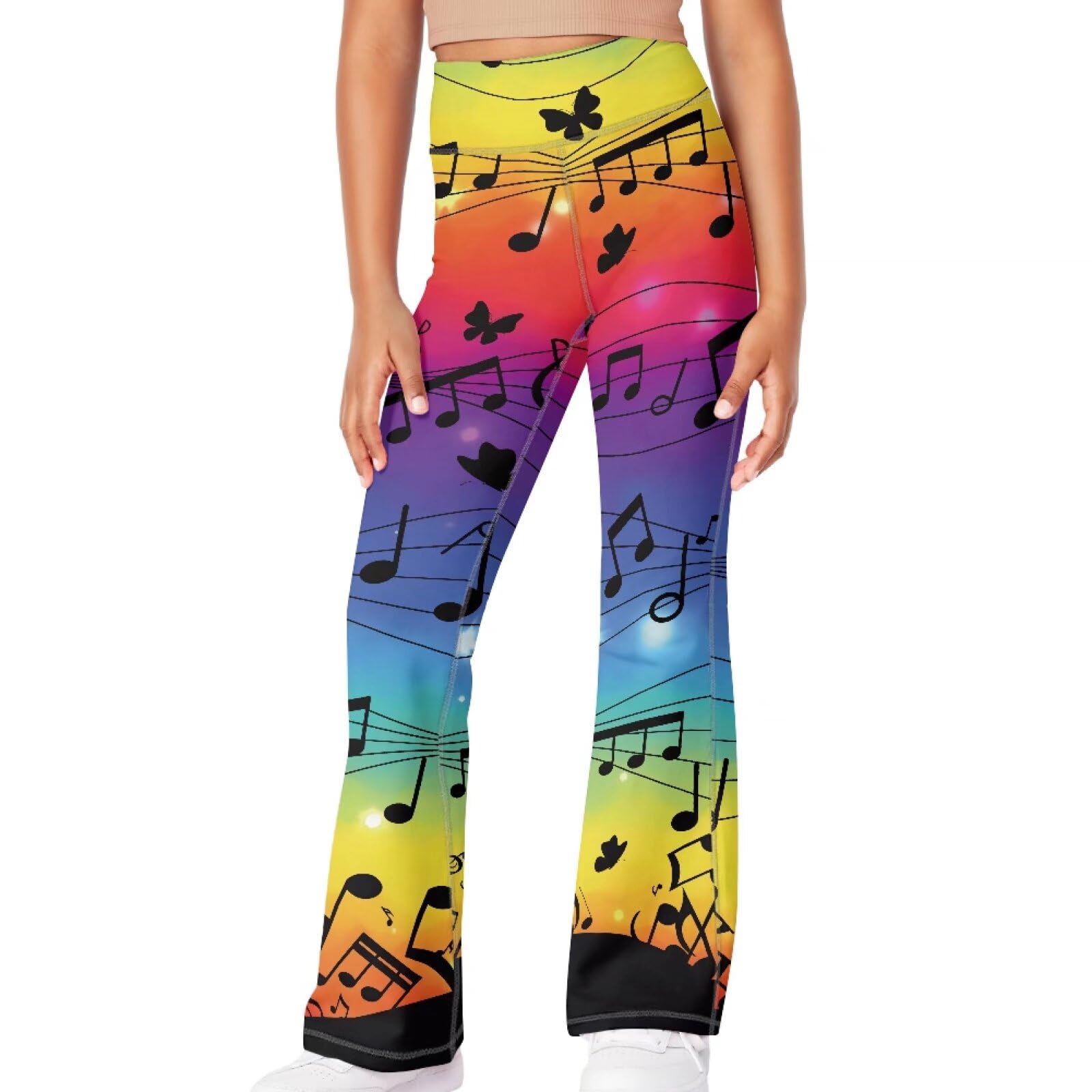 Gzzxiailg Colorful Musical Notes Athletic Pants for Girls Elastic Casual Flared Yoga Pants Full Length Bell Bottom Pants Athletic Trousers for Kids Child Yoga Dance