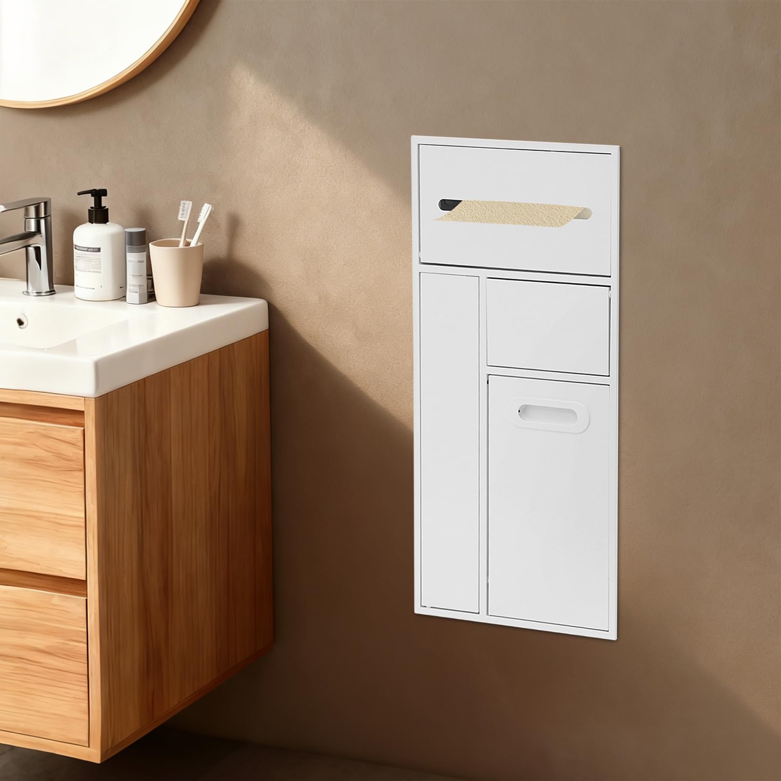 Badezimmer aus Edelstahl mit Eingebauter Dusche Badezimmer Einbau Organizer, MüLleimer mit Toilettenpapierhalter und BüRstenspeicher, Platzsparend, Rostfrei, für Zuhause und BüRo (Weiß)