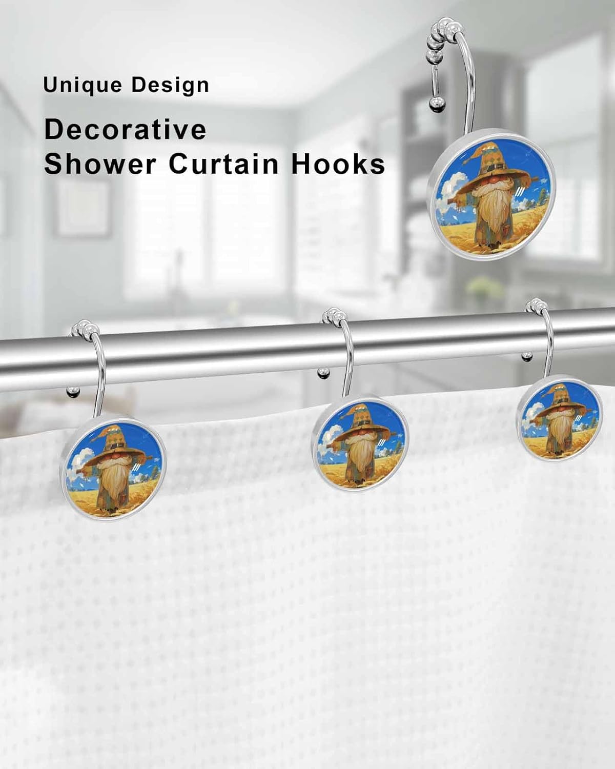 Shower Curtain Hooks 12 Pcs Funny Fall Scarecrow Gnome Stainless Steel Rust Proof Rolling Shower Curtain Rings, Decorative Shower Curtain Hooks Hangers for Bathroom