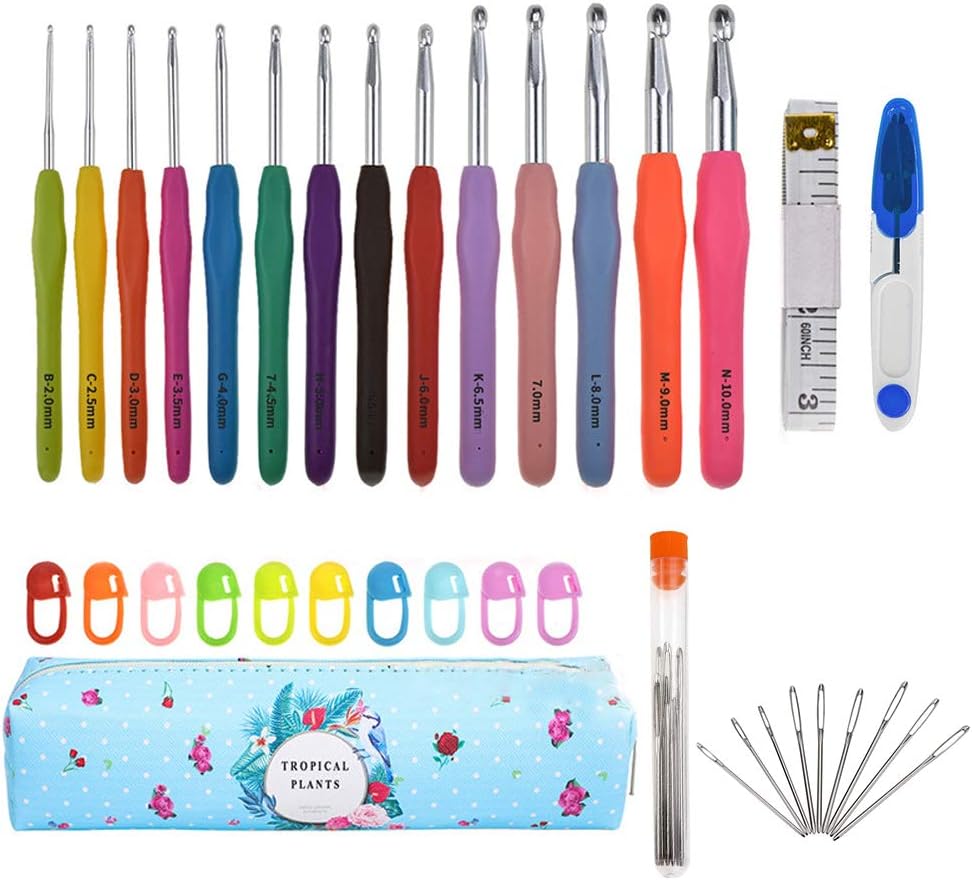 Gobesty 36 Pack Crochet Hooks Set, 14 Pcs Full Size Soft Handles Knitting Needles Kit with Case & Other Accessories for Beginners Adults, 2-10mm