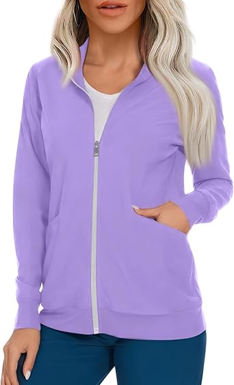 Scrub Jackets for Woman Zip Up Long Sleeve Tops Print Plus Size Womens Scrubs for Women Nursing Shirts with Pockets