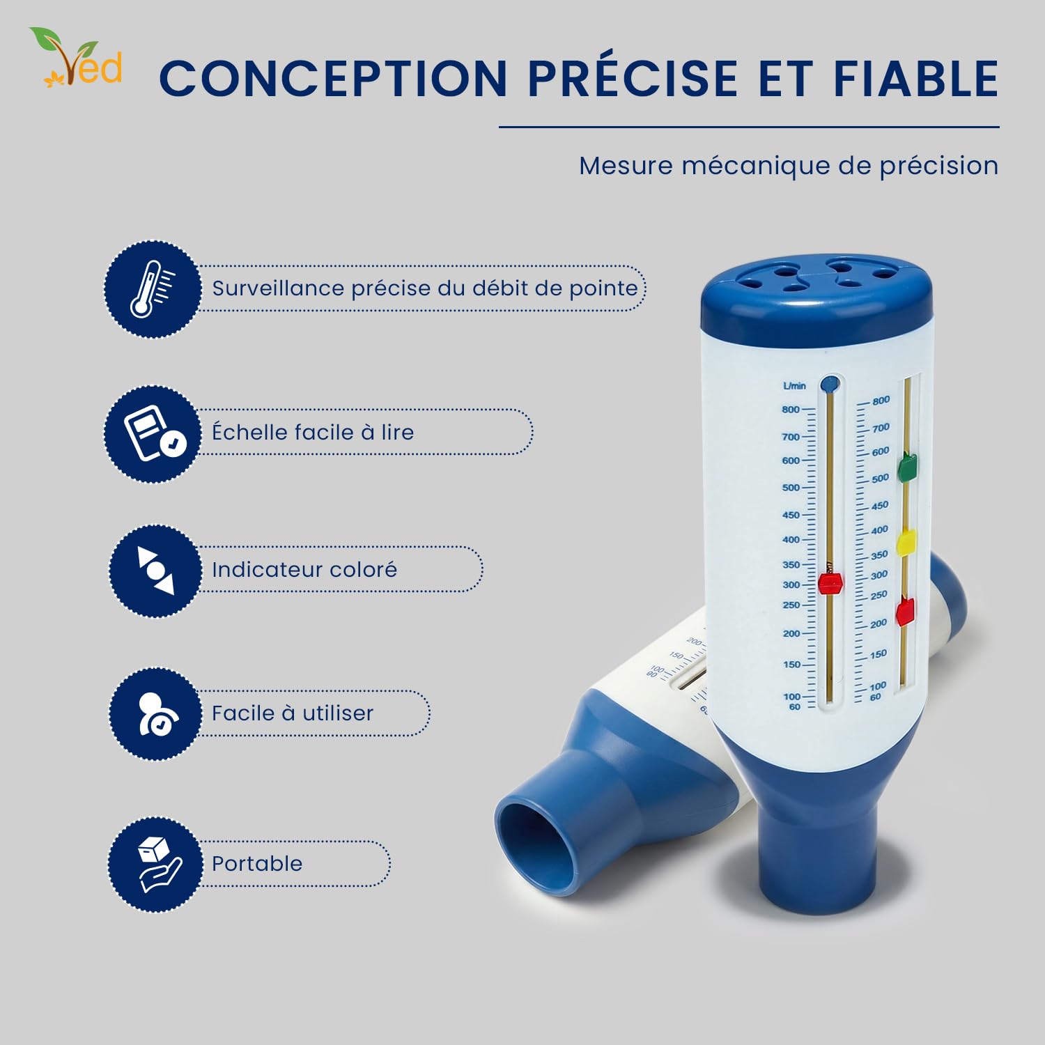 Débitmètre de pointe VED pour adultes, débitmètre expiratoire à plage standard pour la surveillance de la fonction pulmonaire, appareil portable de spirométrie pour l'entraînement respiratoire.
