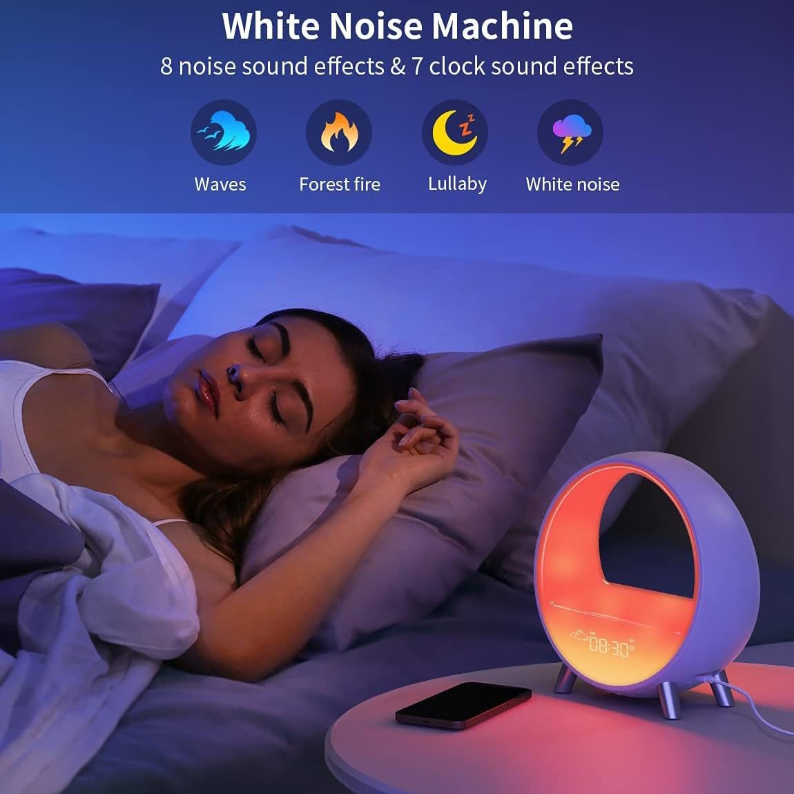 Rhythm Atmosphere Lamp, Caricabatterie wireless Lampada da comodino Sunrise Wake-up Lamp Sveglia Lampada da comodino, Altoparlante Bluetooth Caricabatterie wireless Luce notturna a LED con stazione