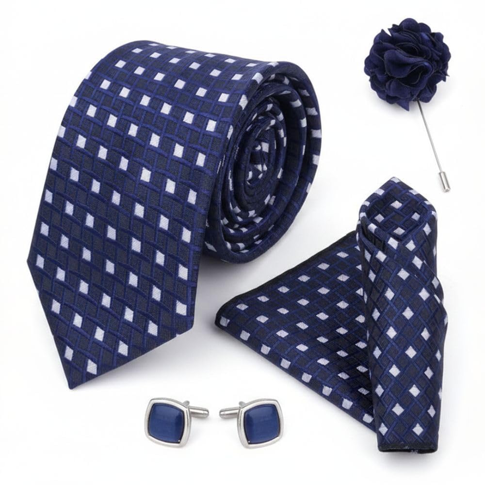 Design micro print fine Necktie Gift Set With Pocket Square, 2 pcs Cufflinks & Lapel Pin Formal Tie With (Leatherite Gift Box) (Blue Check Colour) (Pack of 4 pcs)-image-34