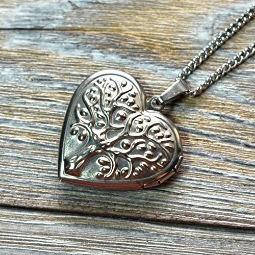 Locket Necklace Tree of Life in Heart, Stainless Steel Photo Locket, Chain Jewelry, Gift for Her