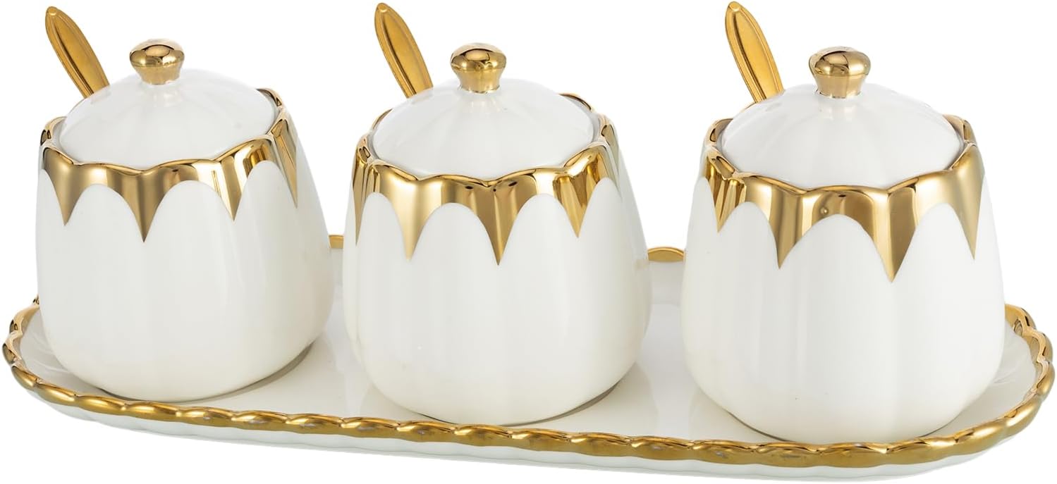 Milky Way Set of 3 Ceramic Condiment Pots Sugar Bowl,Porcelain Sugar Holder with 1Tray, Lid and Spoon Salt Container Modern Seasoning Jars for Counter Home and Kitchen (White gold)