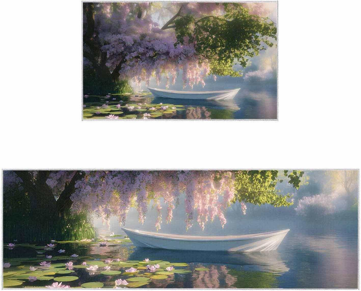 2 Pieces Kitchen Rugs and Mats,Boat Lotus Flower Tree Lake Area Runner Rug Set Non Slip Floor Doormat Washable Carpet Standing Mat for Kitchen Sink Indoor Corridor,Forest Landscape Oil Painting