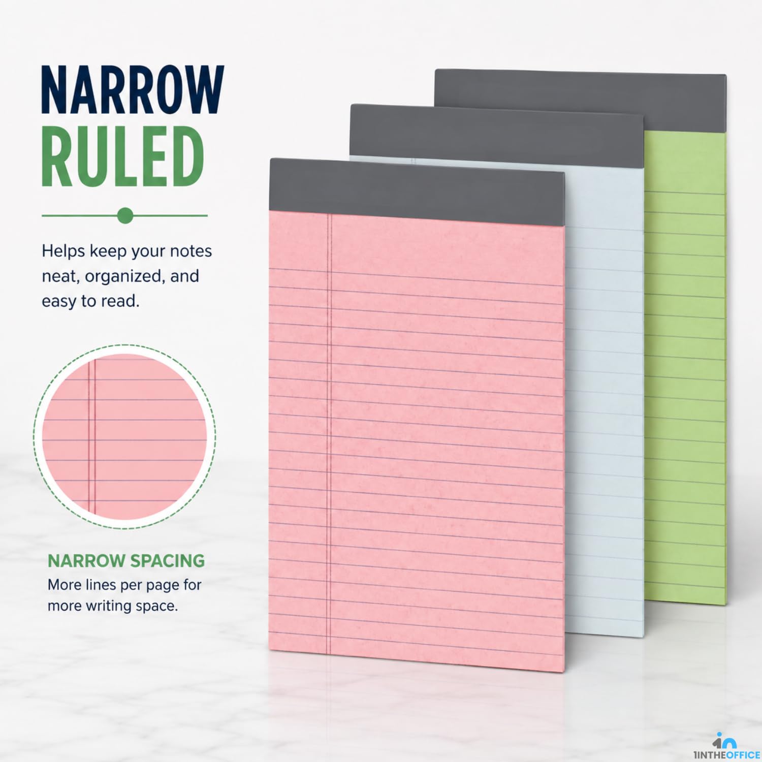 1InTheOffice Legal Jr Legal Pads 5 x 8, almohadillas legales de colores, blocs de notas legales pequeños, bloc de notas con rayas estrechas, blanco, 50 hojas/bloc (12 por paquete)